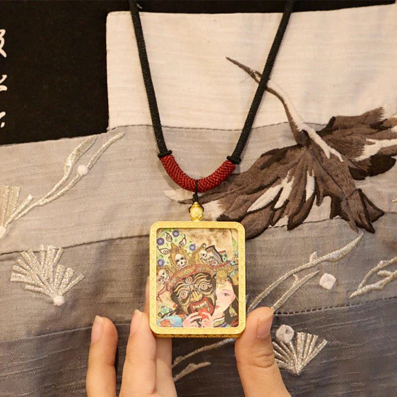 Buddha Stones Tibetan Zakiram Nine Tailed Fox Yellow God of Wealth Painted Thangka Hope Necklace Pendant