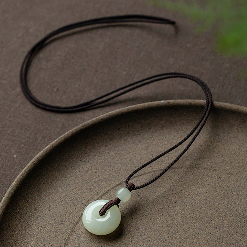 Buddha Stones Natural Round Jade Peace Buckle Luck Prosperity Necklace Pendant