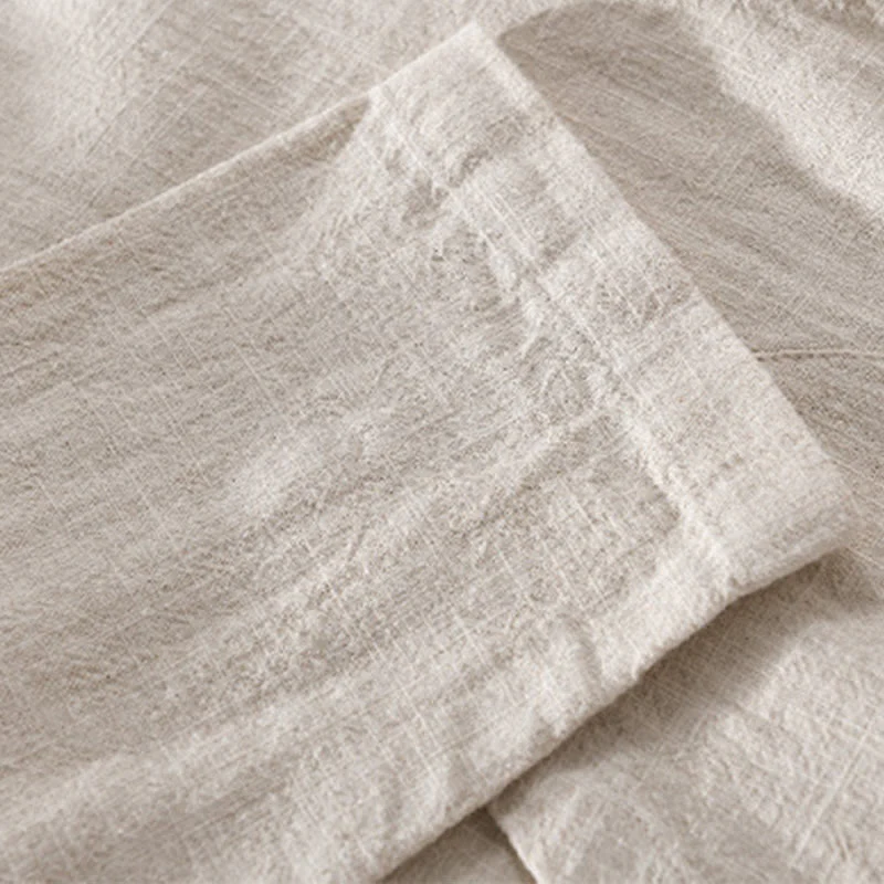 Buddha Stones Spring Daily Simple Buttons Design Stand Collar Men's Long Sleeve Cotton Linen Shirt With Pockets