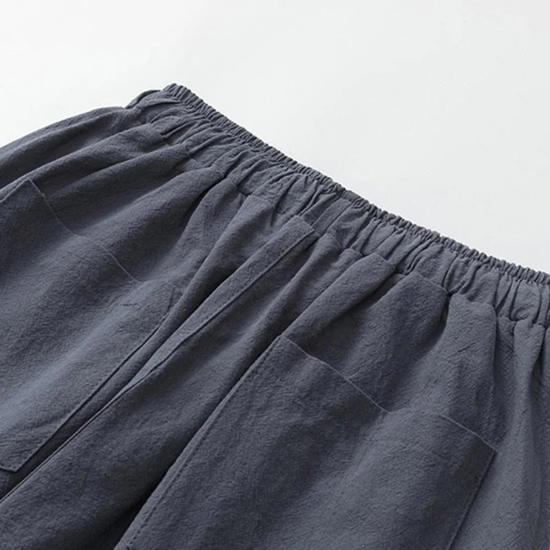 Buddha Stones Summer 2Pcs Plain Crew Neck T-Shirt Drawstring 7-8 Length Pants Cotton Linen Tang Suit Men's Meditation Cloth Set With Pockets