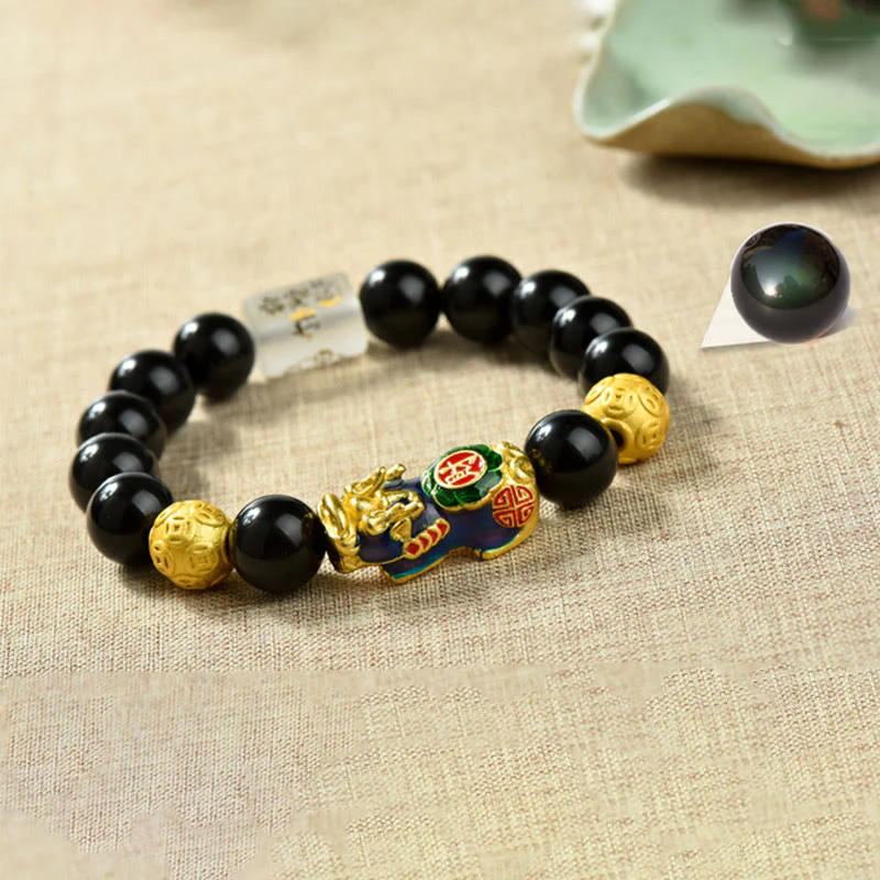 Buddha Stones Fengshui Copper Pixiu Rainbow Obsidian Beads Wealth Bracelet