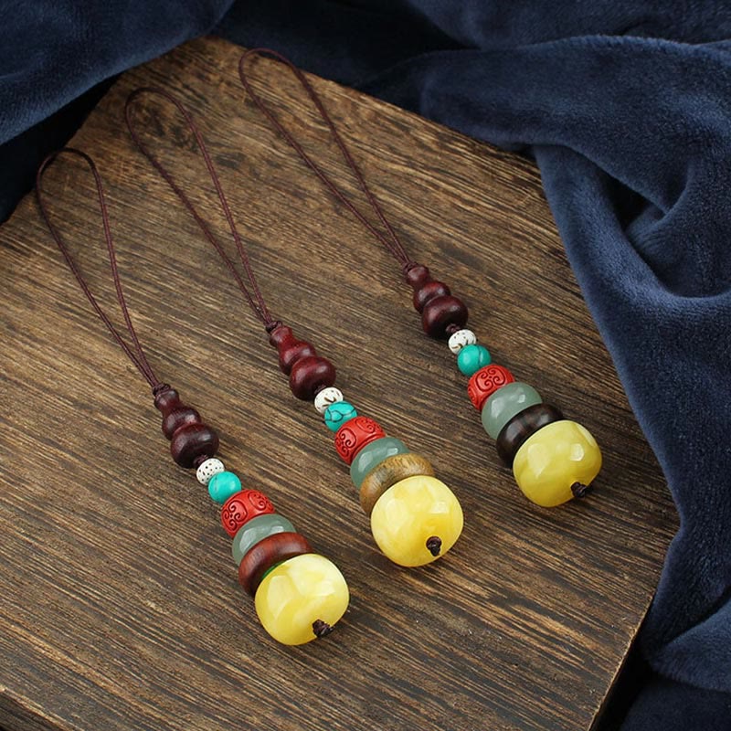 Buddha Stones Green Sandalwood Ebony Wood Gourd Seven Layer Pagoda Positive Phone Hanging Decoration