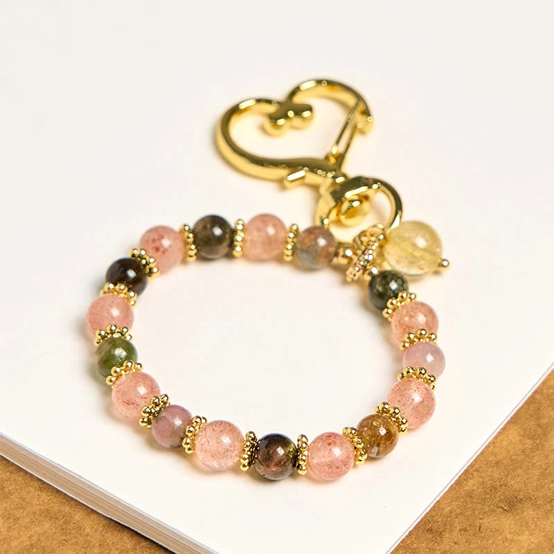 Buddha Stones Natural Strawberry Quartz Crystal Beads Positive Key Chain Phone Hanging Decoration
