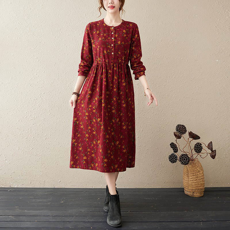 Buddha Stones Casual Ethnic Printing Floral Buttons Design Cotton Linen Midi Dress With Pockets