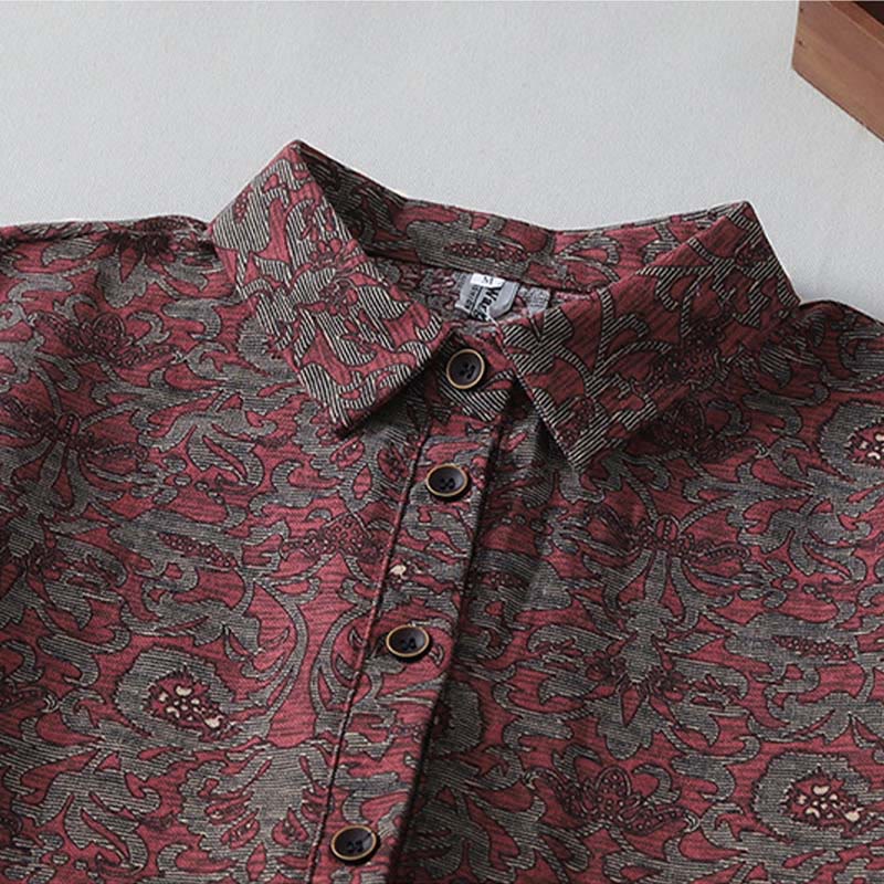 Buddha Stones Brown Retro Printing Floral Pattern Lapel Cotton Linen Midi Dress With Pockets