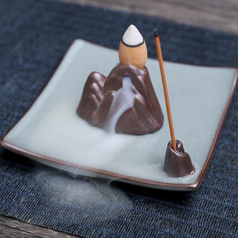 Buddha Stones Lotus Plum Blossom Square Ceramic Spiritual Backflow Incense Burner