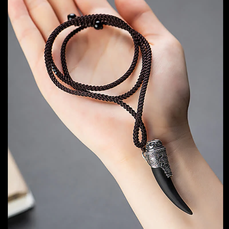 Buddha Stones 925 Sterling Silver Black Obsidian Wolf Tooth Pattern Strength Necklace Pendant