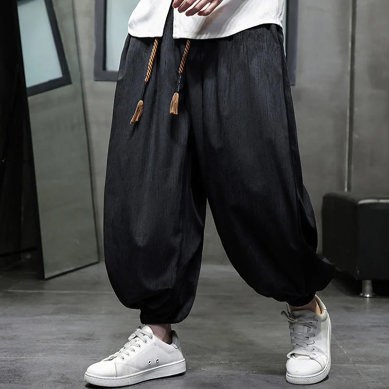 Buddha Stones Casual Daily Pure Color Drawstring Design Men's Harem Pants With Pockets