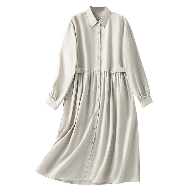 Buddha Stones Casual Plaid Pleats Buttons Design Long Sleeve Cotton Midi Dress With Pockets