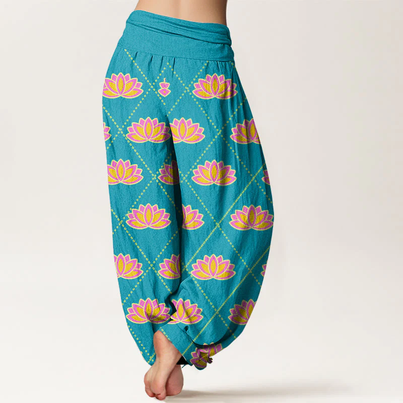Buddha Stones Casual Vibrant Lotus Flower Pattern Women's Elastic Waist Harem Pants