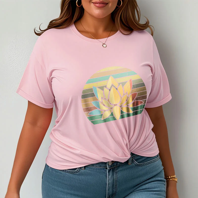 Buddha Stones Casual Retro Striped Background Lotus Flower Pattern Cotton Tee T-shirt