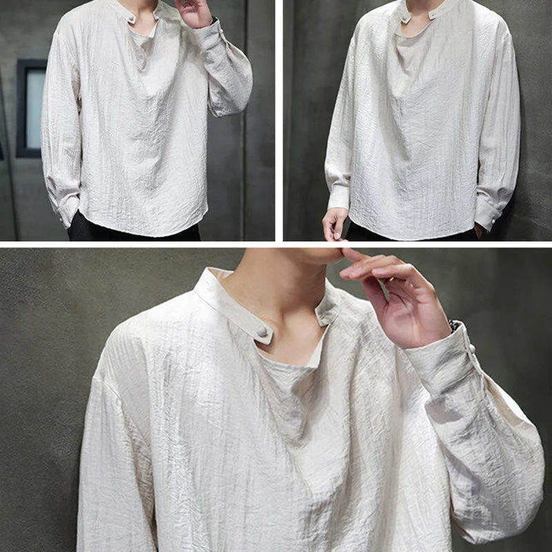 Buddha Stones Spring Solid Color Pleated Stand Collar Design Tang Suit Men's Long Sleeve Linen Shirt