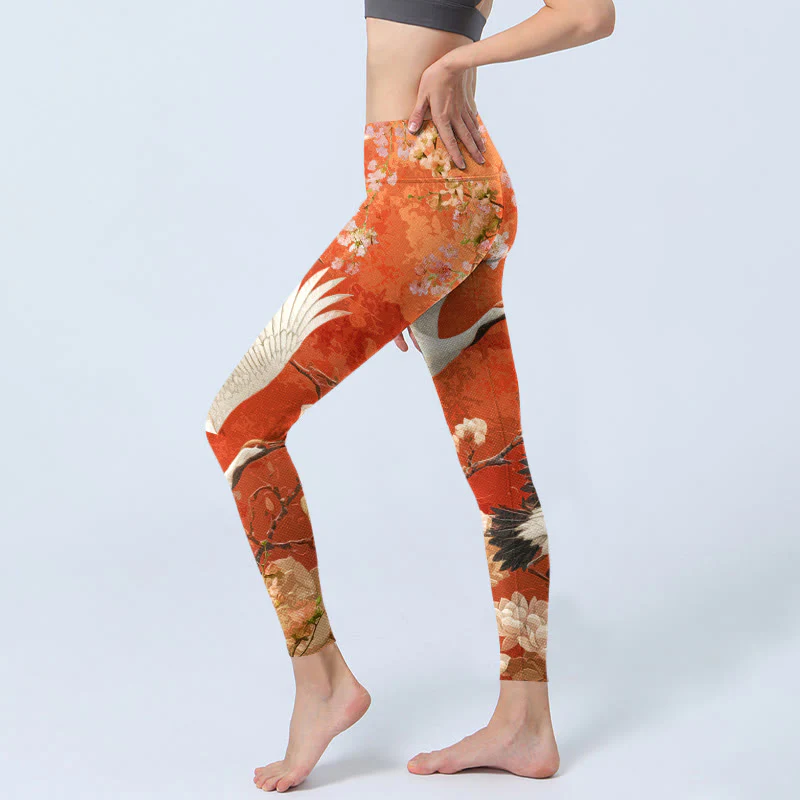 Buddha Stones Red-Crowned Crane Cherry Blossom Lotus Flower Pattern Print Gym Leggings Women's Yoga Pants