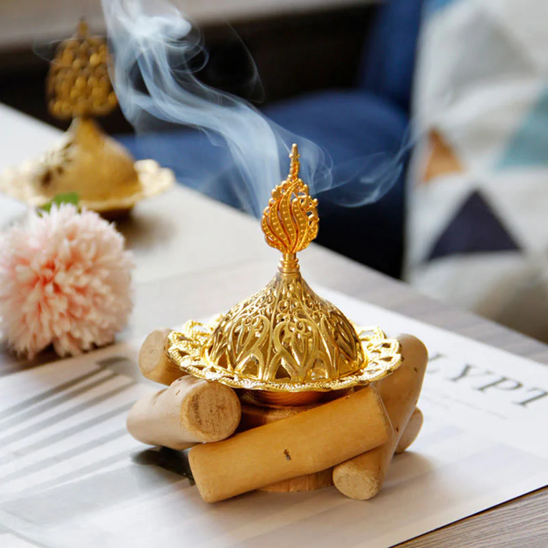 Buddha Stones Gold Alloy Healing Mini Incense Burner With Wooden Coaster Home Decor