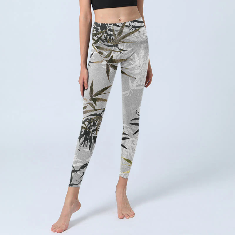 Buddha Stones Dark Gray Bamboo Leaves Print Gym Leggings Women's Yoga Pants