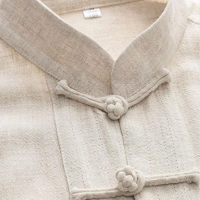 Buddha Stones 2Pcs Tang Suit Frog-Button Long Sleeve Shirt Pants Linen Cotton Men's Set
