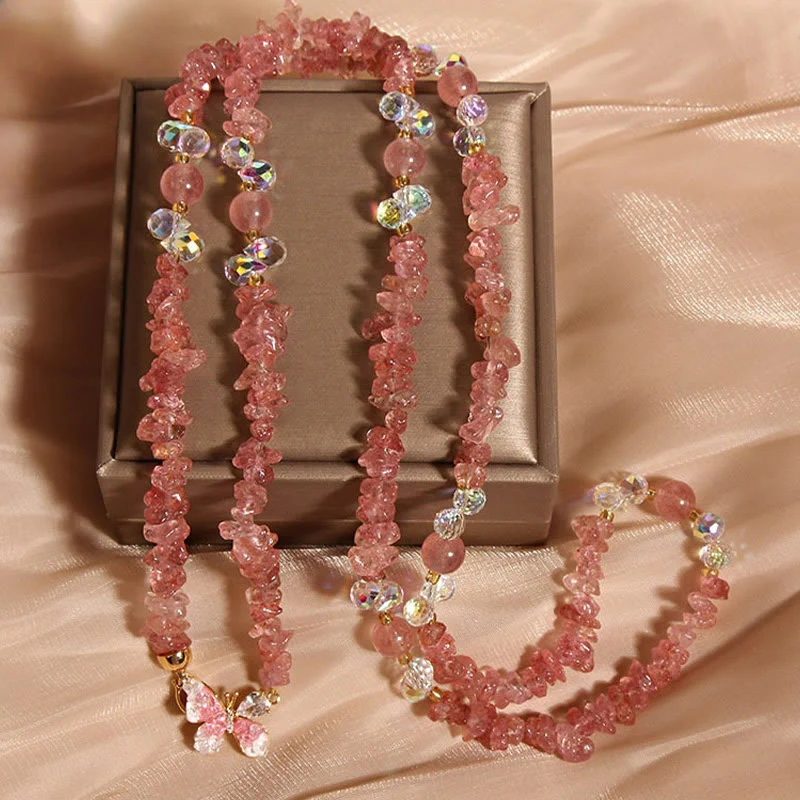 Buddha Stones Butterfly Flower Amethyst Strawberry Quartz Balance Necklace Pendant