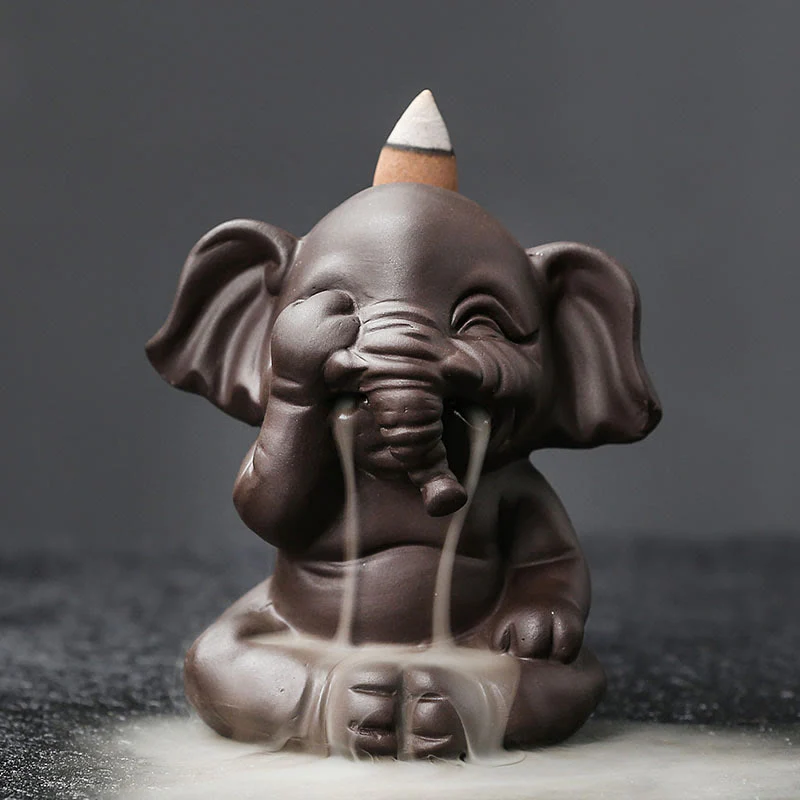 Buddha Stones Cute Elephant Purple Clay Backflow Smoke Fountain Peace Healing Incense Burner Decoration