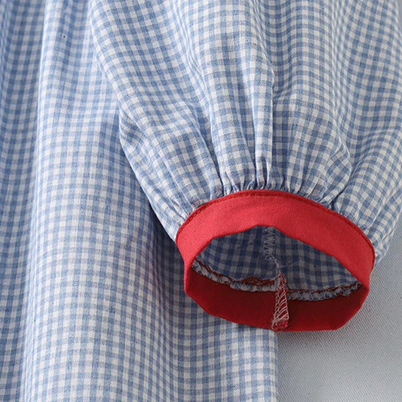 Buddha Stones Casual Plaid Pattern Long Lantern Sleeve Cotton Linen Midi Dress With Pockets