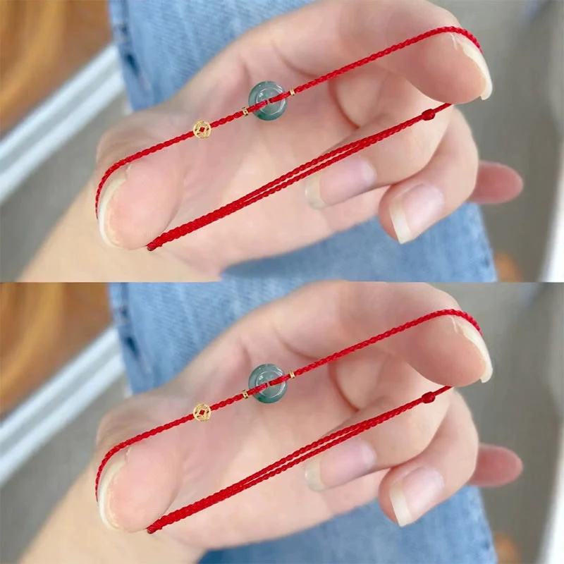 Buddha Stones Peace Buckle Copper Coins Jade Red String Connection Bracelet Anklet