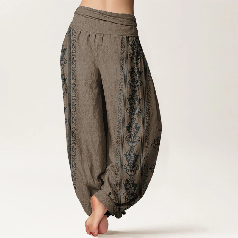 Buddha Stones Lotus Flowers Double Dorje Vajra Namaste Om Design Women's Elastic Waist Harem Pants