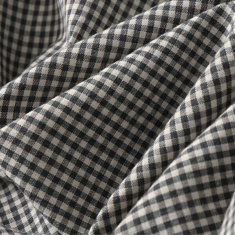 Buddha Stones Casual Plaid Pattern Long Lantern Sleeve Cotton Linen Midi Dress With Pockets