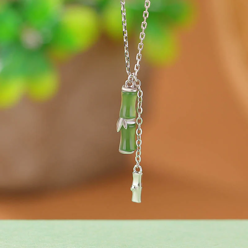 Buddha Stones Hetian Jade 925 Sterling Silver Bamboo Abundance Necklace Pendant