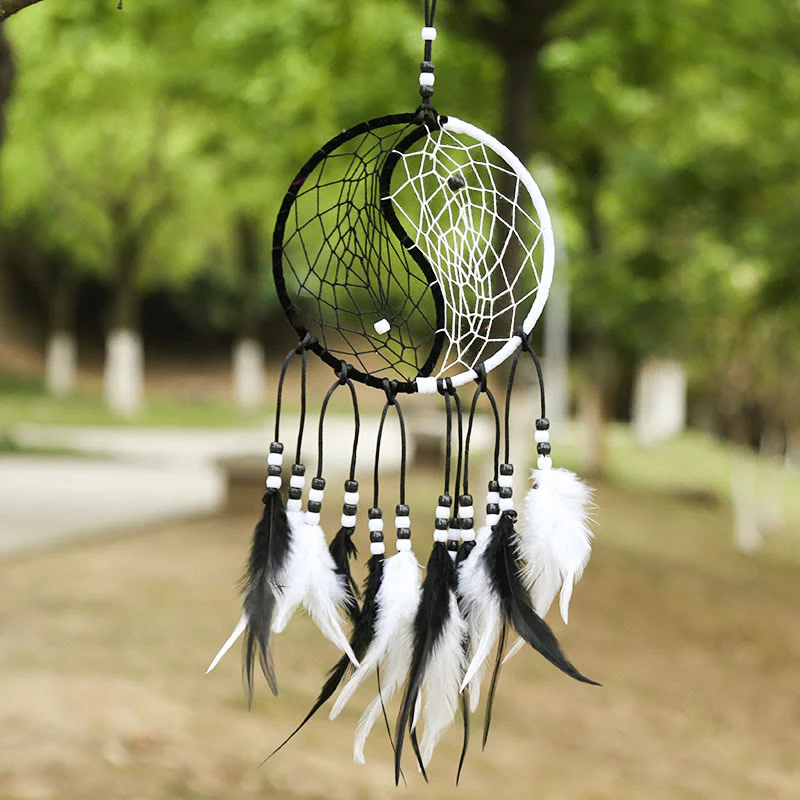 Buddha Stones Yin Yang  Dream Catcher Circular Net with Feathers Balance Decoration