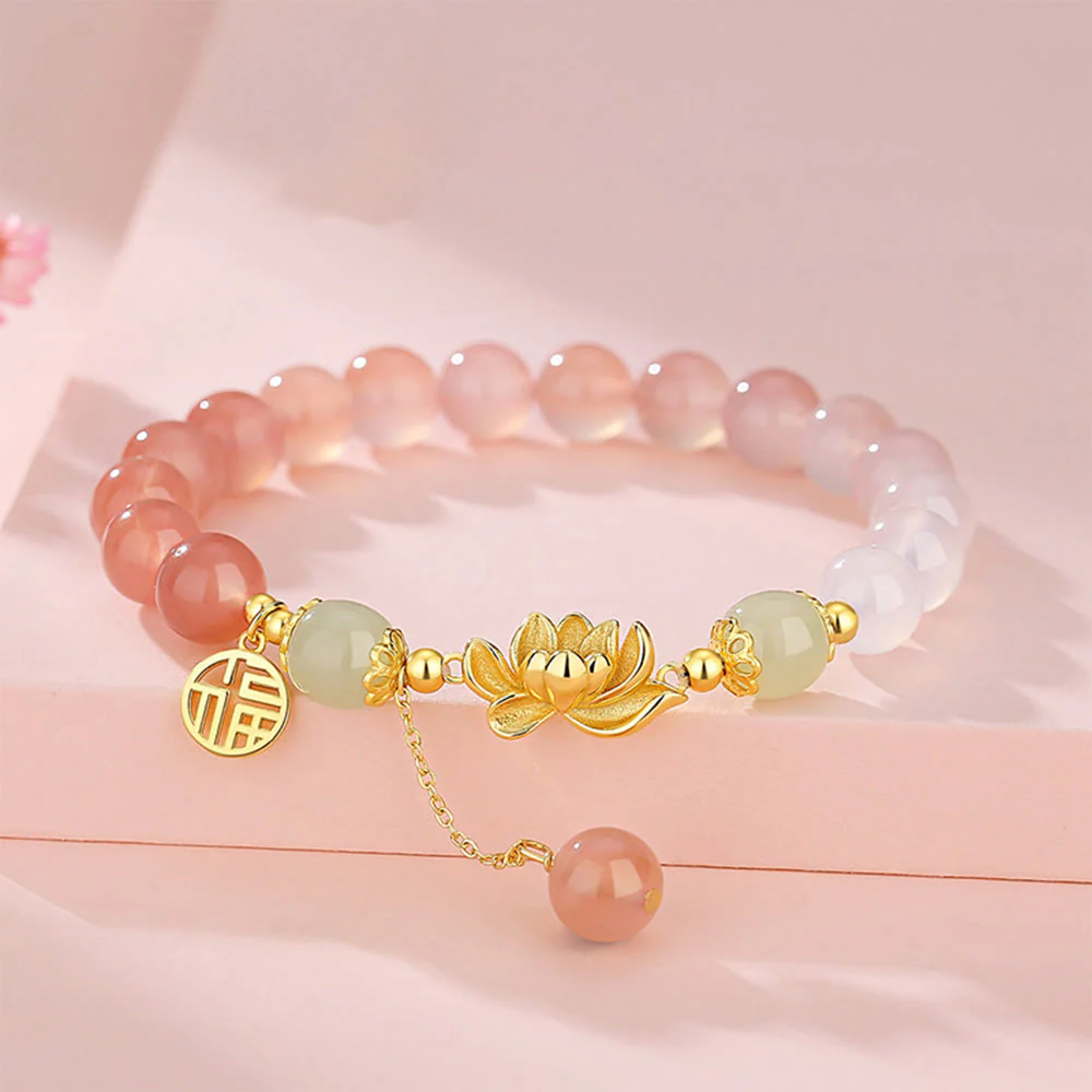 Buddha Stones 925 Sterling Silver Natural Gradient Agate Hetian Jade Lotus Fu Character Enlightenment Bracelet
