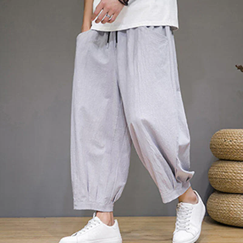 Buddha Stones Simple Cotton Men's Cropped Capri Harem Pants With Pockets