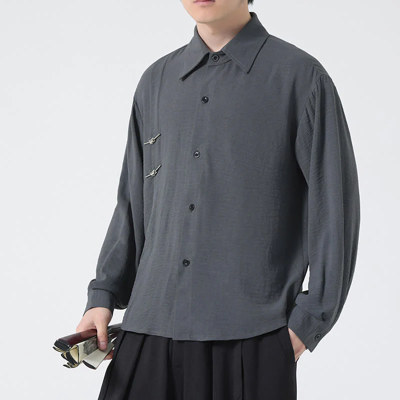 Buddha Stones Plain Buttons Stand Collar Long Sleeve Men's Cotton Shirt
