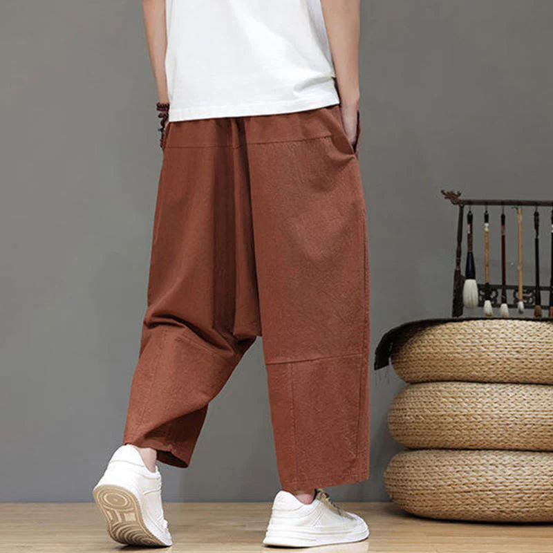 Buddha Stones Casual Plain Low Crotch Design Drawstring Men's Cotton Elastic Waistband Wide Leg Pants With Pockets
