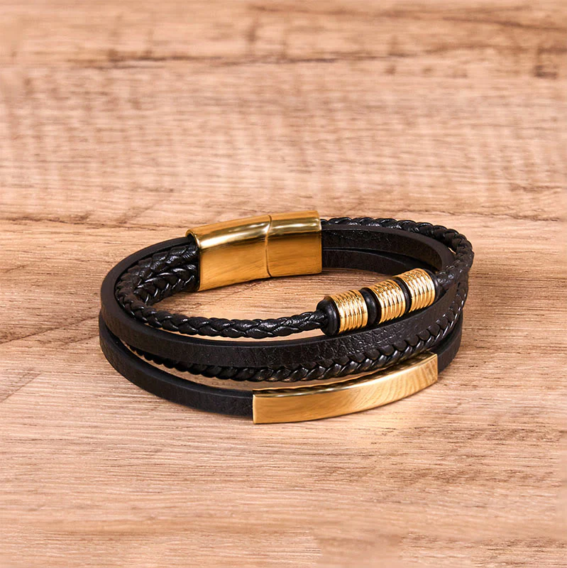 Buddha Stones Fashion Titanium Steel Leather Hand Woven Magnetic Buckle Strengthen Bracelet