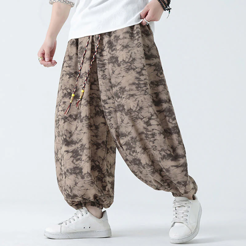 Buddha Stones Retro Casual Drawstring Design Floral Pattern Men's Harem Pants With Pockets