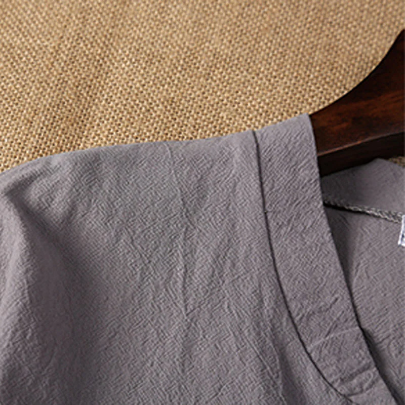 Buddha Stones Summer Casual 2Pcs Plain Notched Collar T-Shirt Drawstring Shorts With Pockets Cotton Linen Men's Meditation Cloth Set