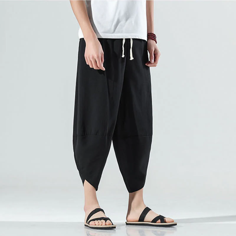 Buddha Stones Plain Simple Design Drawstring 7-8 Length Linen Men's Harem Pants With Pockets