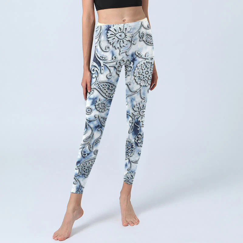 Buddha Stones White Round Flowers Print Exercise Leggings Women's Yoga Pants