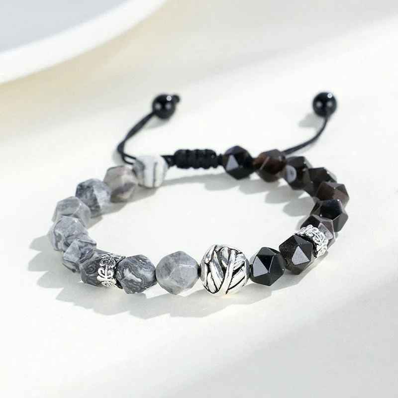 Buddha Stones Natural Irregular Cut Obsidian Grey Jasper 925 Sterling Silver Rolled Leaf Bead Protection Bracelet