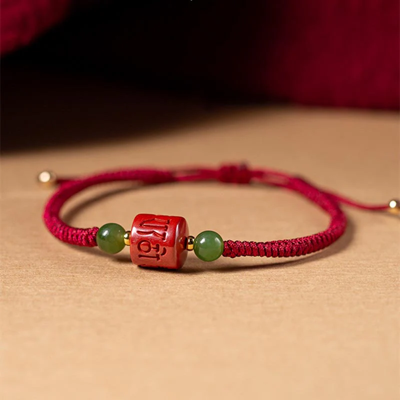Buddha Stones Tibetan Cinnabar Om Mani Padme Hum Engraved Blessing Braided Rope Bracelet