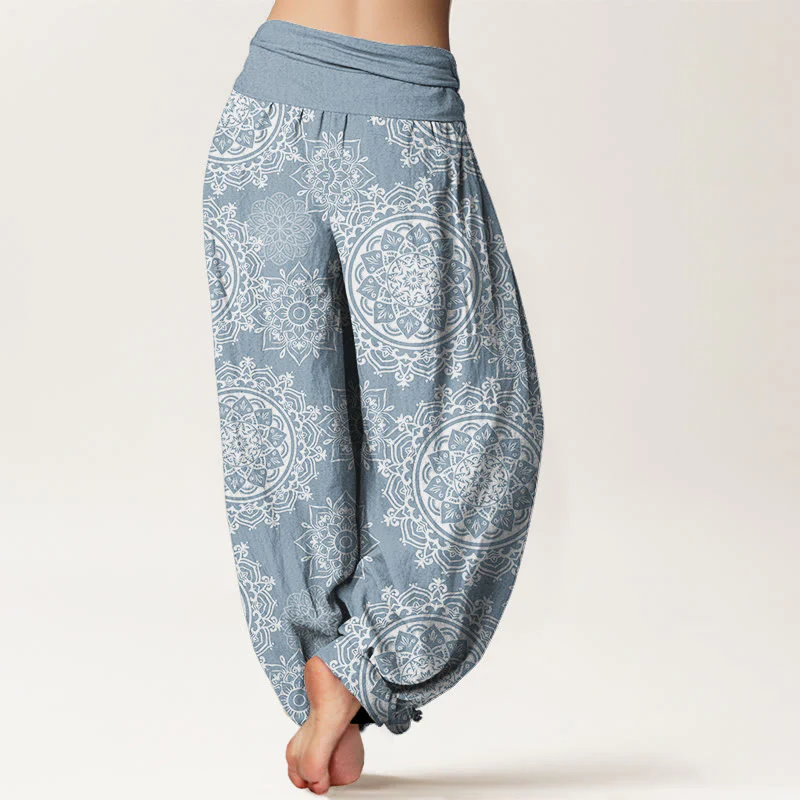 Buddha Stones Casual White Mandala Flower Design Women's Elastic Waist Harem Pants