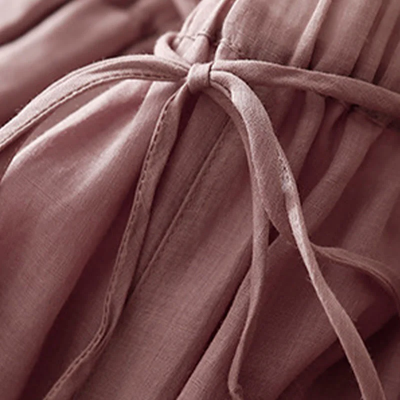 Buddha Stones Simple Design Drawstring Linen Women's Wide Leg Pants With Pockets