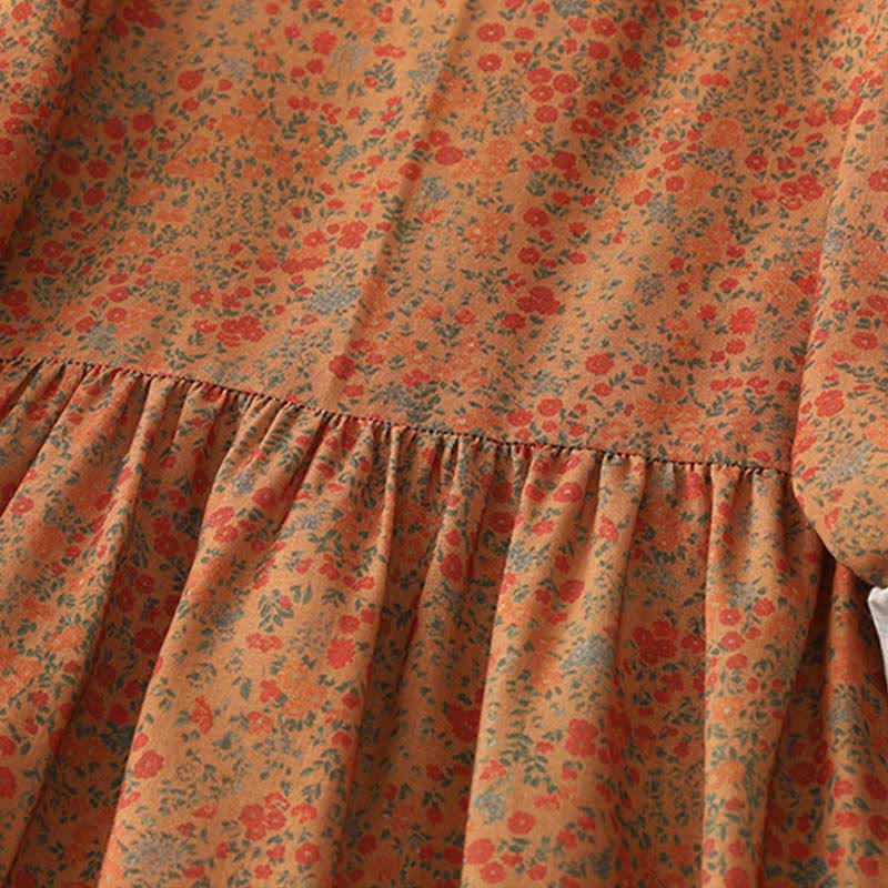 Buddha Stones Casual Floral Lace Crew Neck Balloon Long Sleeve Cotton Linen Midi Dress With Pockets