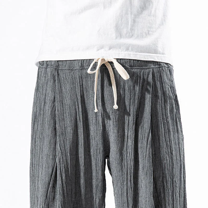 Buddha Stones Casual Plain Pleated Design Drawstring Men's Long Cotton Linen Harem Pants With Pockets