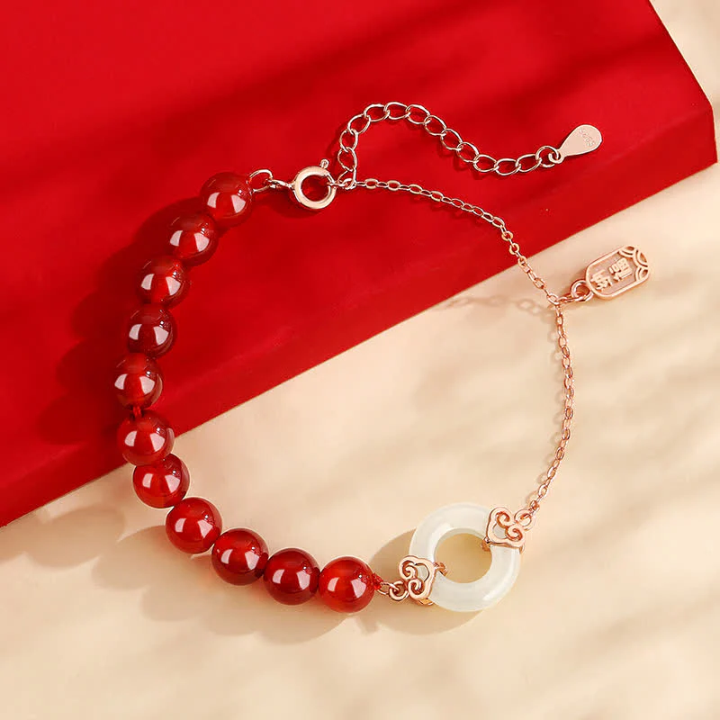 Buddha Stones 925 Sterling Silver Natural Red Agate White Jade Peace Buckle Confidence Bracelet