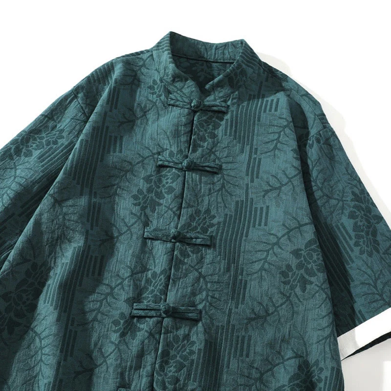 Buddha Stones Casual Summer Jacquard Floral Pattern Frog-Button Men's Stand Collar Contrasting Color Half Sleeve Cotton Cardigan Shirt