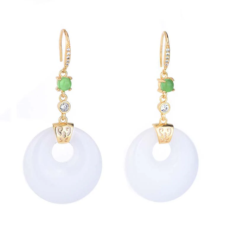 Buddha Stones FengShui White Jade Blessing Drop Earrings