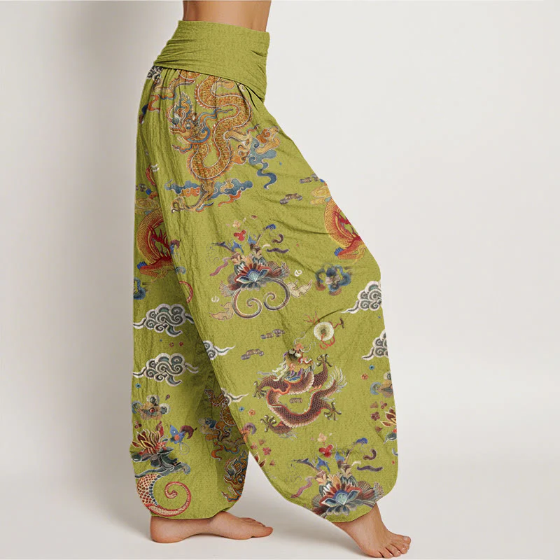 Buddha Stones Golden Dragons Auspicious Clouds Design Women's Elastic Waist Harem Pants
