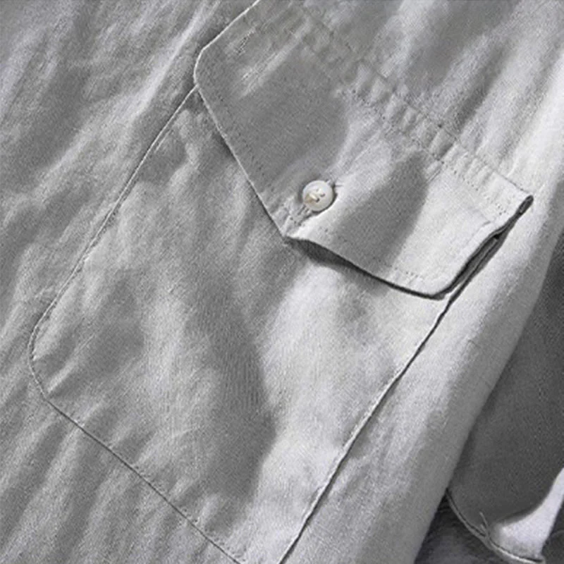 Buddha Stones Casual Simple Design Crew Neck Men's Short Sleeve Linen Shirt With Pocket