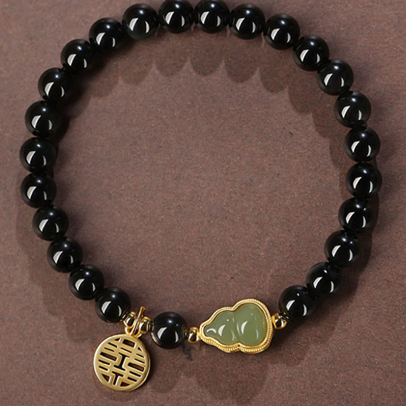Buddha Stones Natural Black Obsidian Hetian Jade Gourd Double Happiness Strength Bracelet