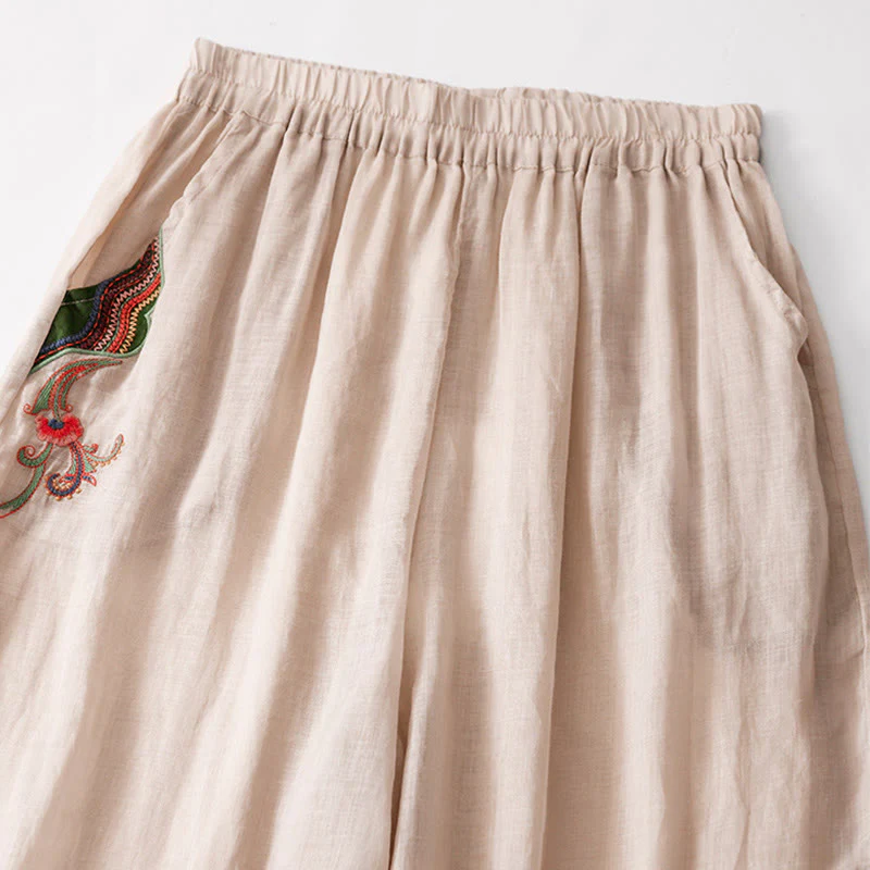 Buddha Stones Summer Embroidery Double Layer Cotton Linen Women's Wide Leg Pants With Pockets